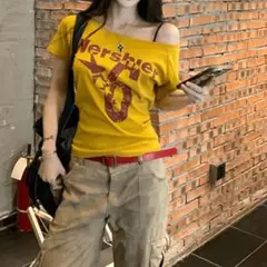 y2k ピチT 平成グランジ ロゴT 肩出し 半袖Mサイズ