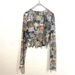 長袖クロップTシャツ　コミック風グラフィック　伸縮性　透け感