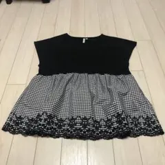 今日だけ価格,未使用品。HK黒カットソーギンガムチェック柄チュニックブラウス