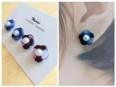 No.48 お花 ブルー×オーロラ レッド×オーロラ ピアス レジン
