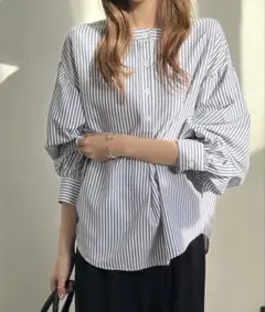 未使用ストライプ バルーンスリーブ シャツ紺✖️白　ZOZO