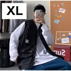 【訳あり！】韓国ストリート風 ベスト（XL) ブラック ユニセックス✨アウトドア