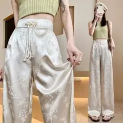 シノワズリ ワイドパンツ サテン チャイニーズ 上品 L オフ白 ルームウェア