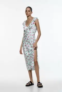 ZARA フラワー 花柄 サテン フリル ワンピース