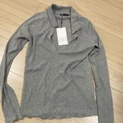 新品未使用品ZARA グレー ポロニット　長袖　リブ L
