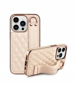 ベージュ キルティング iPhoneケース ストラップ付き　iPhone15