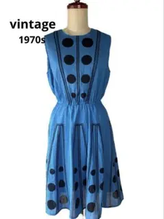 【VINTAGE】1970s水色黒ドットフレアーワンピースモッズレトロ北欧