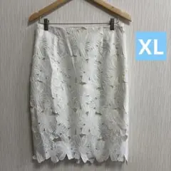 レース 花柄 ひざ丈スカート ホワイト XL 大きいサイズ コットン100%