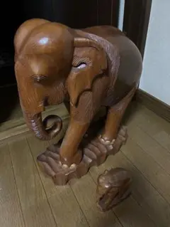 象 置物 木彫り 親象と子像セット