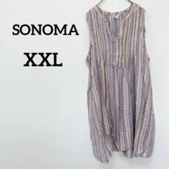 SONOMA 【XXL】ストライプ ノースリーブ チュニックリネン混　ピンタック