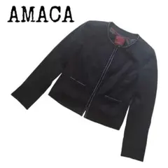 AMACA アマカ ノーカラージャケット シルク混 ブラック 裏地 ドット