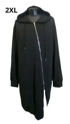 2XL パーカー ロング丈 アシンメトリー ジップアップ 黒 ブラック ロック