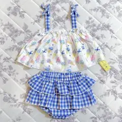 新品　上下セット　アイス　青　水色　チェック　リボン　女の子　ベビー　80 85