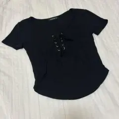 ブラック 半袖Tシャツ レースアップ