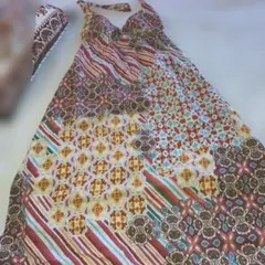 マルチカラー パッチワーク マキシ丈キャミワンピース