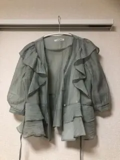 美品♪ オーガンジー　シアー　ミントデザインブラウス