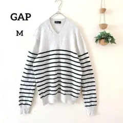 ☆ギャップ グレー ストライプ ニットセーター M メンズ Ｖネック シンプル