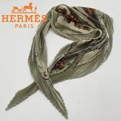 未使用級 HERMES カレプリセ90 グリーンランド プリーツツイリー シルク