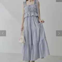 【6色展開/マルチway】アシメ紐デザインチェック柄シャーリングロングワンピース