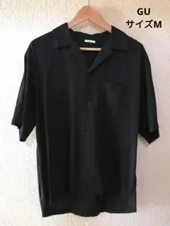 GU ジーユー メンズ 半袖オープンカラーシャツ 黒 左胸ポケット付き