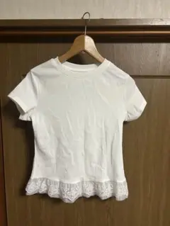 ホワイト レース付き裾 Tシャツ Lサイズ