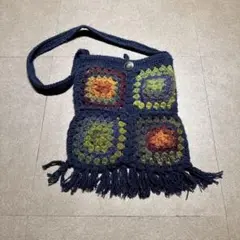 Unknown ショルダーバッグ　ハンドメイド　ニット　青　花柄
