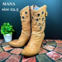 【美品】マナ ショートブーツ レザー キャメル ビジュー ベルト付き