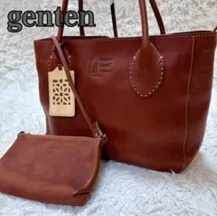 genten 本革 トートバッグ＆ポーチ付き ブラウン 茶 レザー A4収納