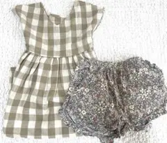 ペアマノン　100㎝ グレイチェック ワンピース 花柄ショートパンツ セット