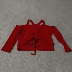 レッドオフショルダー長袖トップス