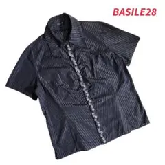 BASILE28 ビジュー飾り・ラメ混ストライプ半袖シャツ 黒 84733