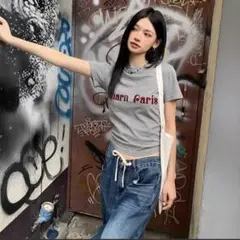 y2k Tシャツ グレー　平成ギャル グランジ チビT へそ出し