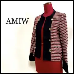 AMIW アミウ ノーカラージャケット ツイード レトロ 赤 黒 M