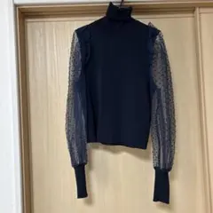 ネイビー タートルネック トップス シースルー袖