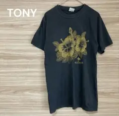 TONY【M】ブラック 半袖 Tシャツ ハイビスカスプリント 綿100%