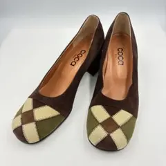未使用級✨coca パッチワークパンプス チャンキーヒール ブラウン23cm