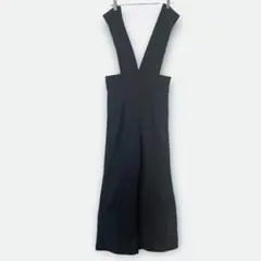 【美品】サロペット　オーバーオール　黒　身幅部ゴム　薄手　レディース