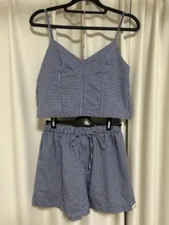 美品【セットアップ/2点セット】ルーズチェックシャツフリルキャミSET