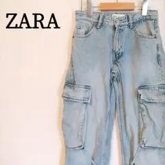 ZARA カーゴデニムパンツ ストラップ ライトブルー M 古着 人気