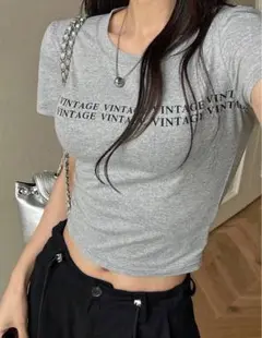 VINTAGEプリント グレー半袖Tシャツ