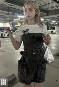 grl ダブルベルト付きベアデニムミニワンピース　Mサイズ 両サイドリボン