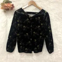 ★ヴィンテージ★ベロア カットソー【F】花柄 ネイビー系 長袖 レトロガーリー