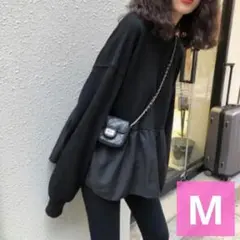 【M】ブラック ペプラムデザイン 長袖チュニック