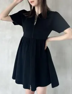 【Heather】黒 半袖ワンピース ジッパー付き