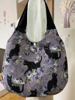猫柄トートバッグ バルーンバッグ ハンドメイド パープル