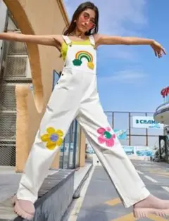 SHEIN 虹 レインボー 花 スマイリー にこちゃん オーバーオール