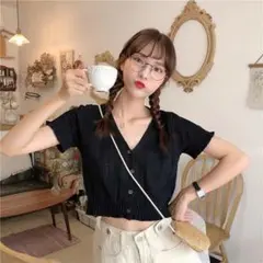 JUNOAH♡Vネックボタンニットトップス　ショートカーディガン＊ブラック