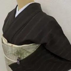 正絹 紬 単衣 着物 縞柄 洒落袋帯 緑茶染 着物帯セット