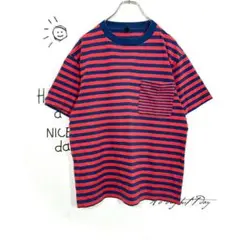 ユニクロ Tシャツ(M)ボーダー柄 クルーネック コットン 胸ポケット 半袖