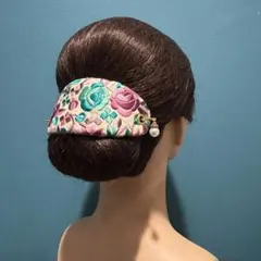 418【インド刺繍 バラ グリーン×ピンクパープル】マジェステ ヘアアクセ